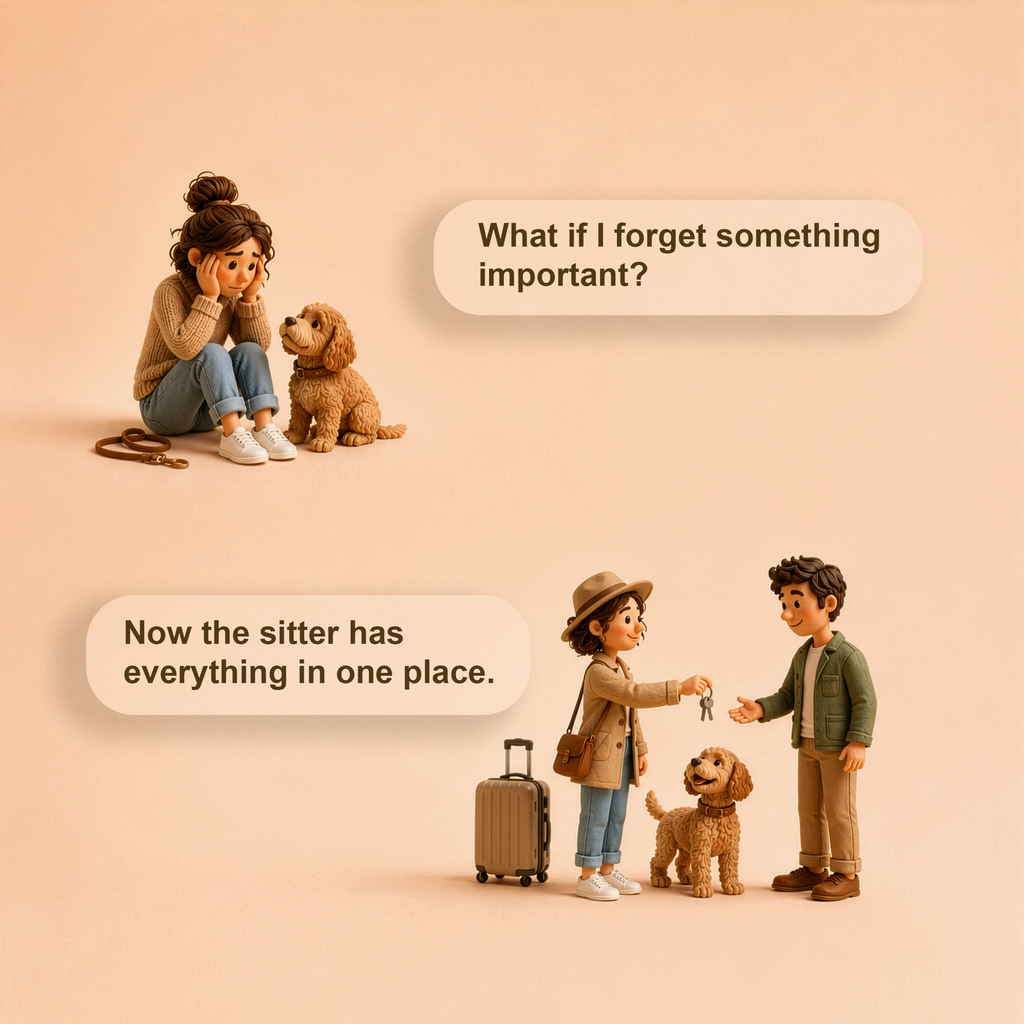 Pet care handoff reminder showing sitter with organized care details